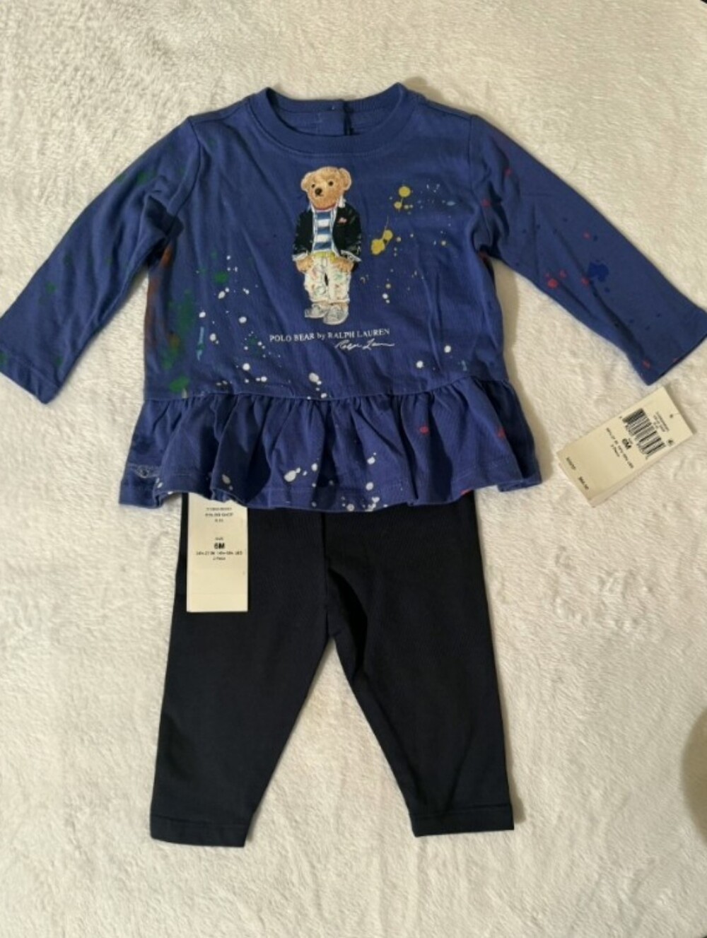 Polo by Ralph Lauren Navy Blue Bear Peplum Top & Black Leggings Set